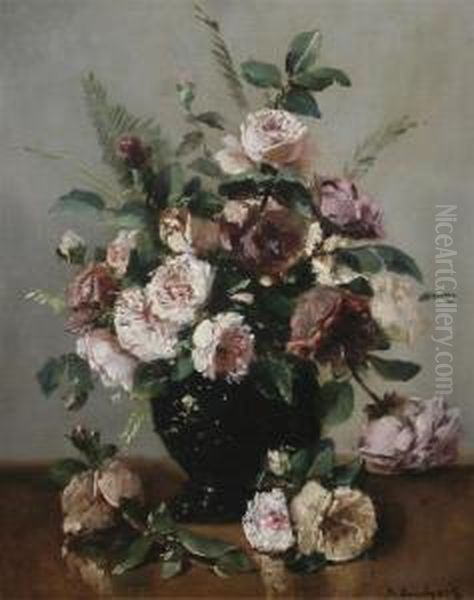 Roses In A Vase Oil Painting by Eugene Henri Cauchois