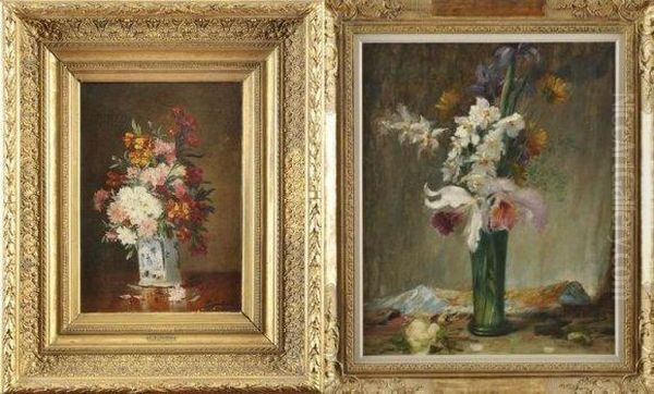 Bouquet De Fleurs Dans Un Vase En Faience A Decor De Camaieubleu Oil Painting by Eugene Henri Cauchois