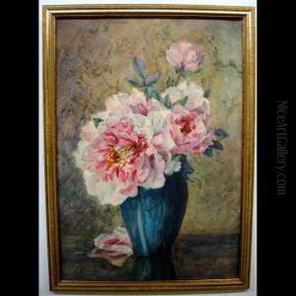 Peonies In A Blue Vase Oil Painting by Eugene Henri Cauchois