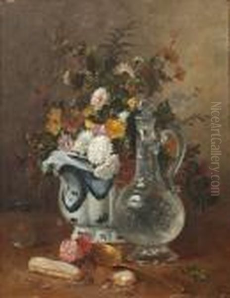 Still Life Of Flowers, Glass Decanter And Spoon Oil Painting by Eugene Henri Cauchois