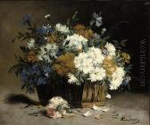 Cornflowers And Chrysanthemums In A Basket Oil Painting by Eugene Henri Cauchois