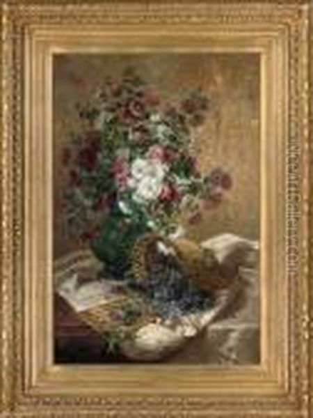 Chrysanthemums In A Vase By A Basket Of Violets On A Draped Table Oil Painting by Eugene Henri Cauchois