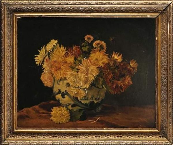 Bouquet De Dahlias Dans Un Vase De Delft Oil Painting by Eugene Henri Cauchois