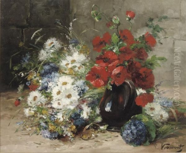 A Summer-bouquet With Poppies And Daisies Oil Painting by Eugene Henri Cauchois