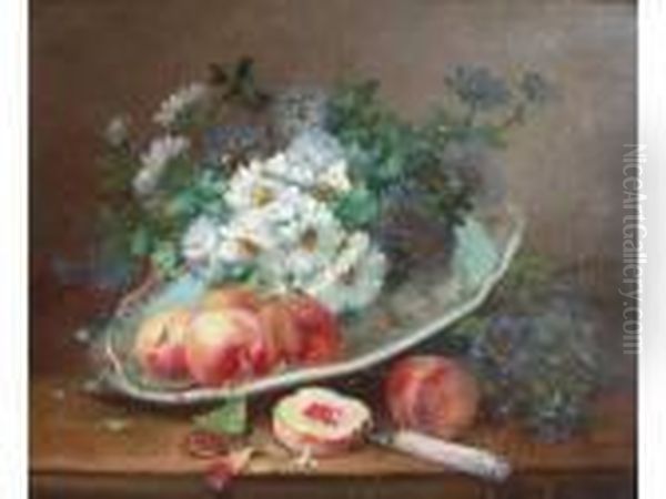 Nature Morte Aux Fleurs Et Aux Fruits Oil Painting by Eugene Henri Cauchois