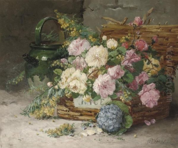 Colourful Roses In A Basket Oil Painting by Eugene Henri Cauchois