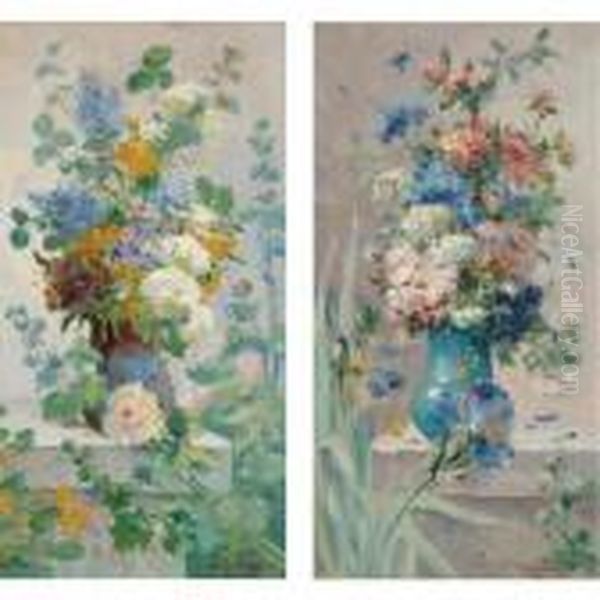 Still Life With Flowers: A Pair Of Paintings Oil Painting by Eugene Henri Cauchois