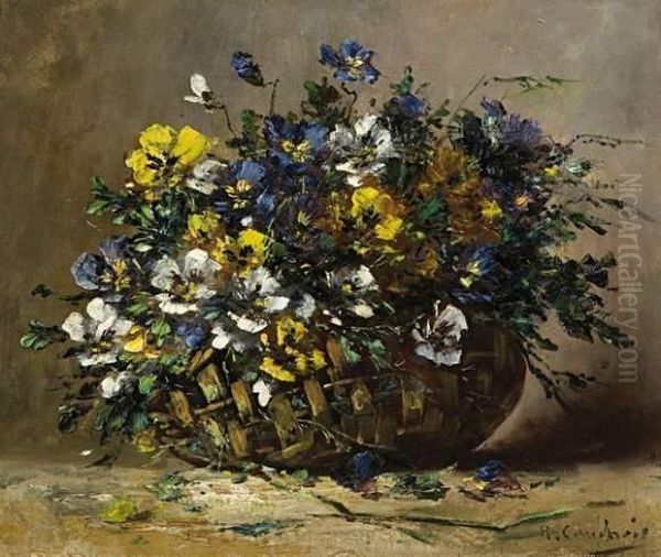 Raffia Basket With Lush Sunflower Bouquet Oil Painting by Eugene Henri Cauchois