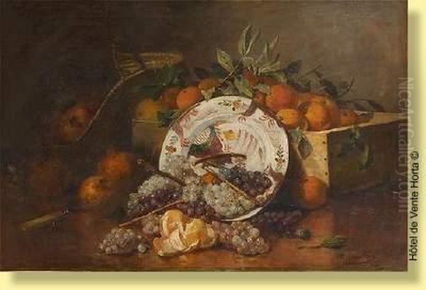 Composition Au Plat De Delft Et Fruits Oil Painting by Eugene Henri Cauchois