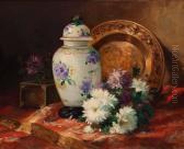 Stilleben Med Kompaniporslin Och Krysanthemum. Oil Painting by Eugene Henri Cauchois