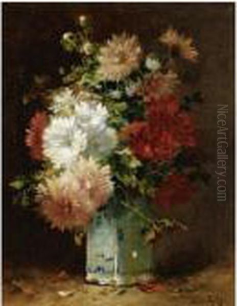 Crysanthemums In A Chinese Vase Oil Painting by Eugene Henri Cauchois