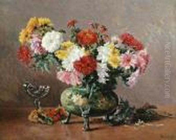 A Still Life Of Chrysanthemums In A Porcelainvase And A Sweetmeat Glass On A Table Oil Painting by Eugene Henri Cauchois