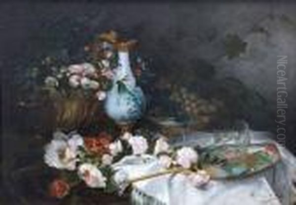 Nature Morte Au Plat De Fruits Et Al'eventail Oil Painting by Eugene Henri Cauchois