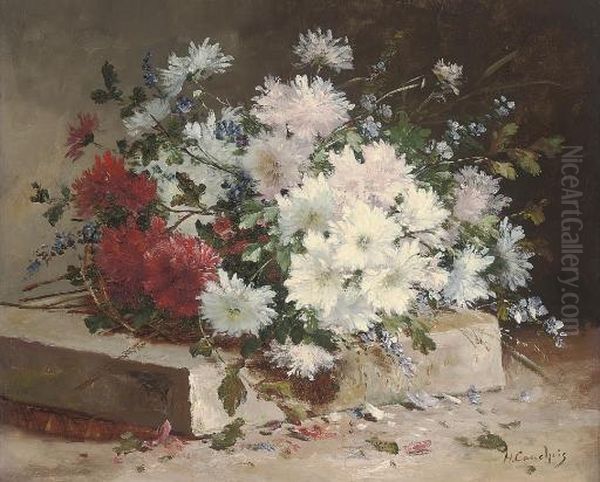 Asters And Sweet Peas On A Stone Plinth Oil Painting by Eugene Henri Cauchois