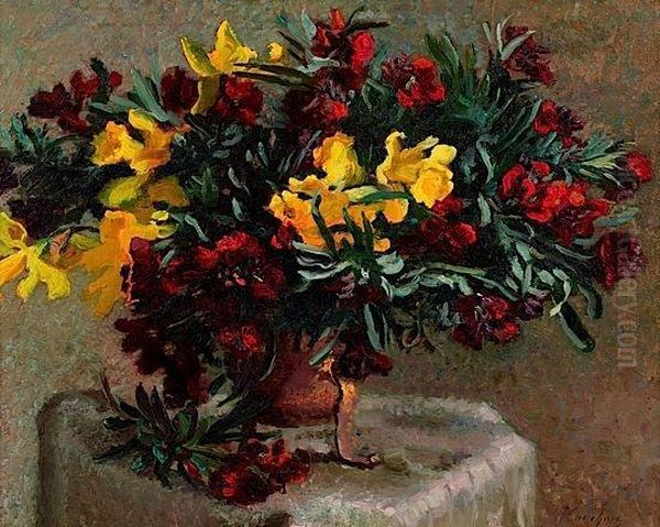 Bouquet De Jonquilles Et Fleurs Rouges Oil Painting by Eugene Henri Cauchois