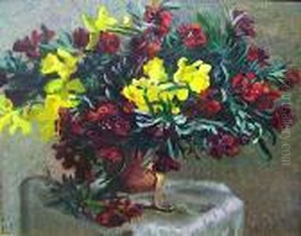 Bouquet De Jonquilles Et Fleurs Rouges Oil Painting by Eugene Henri Cauchois