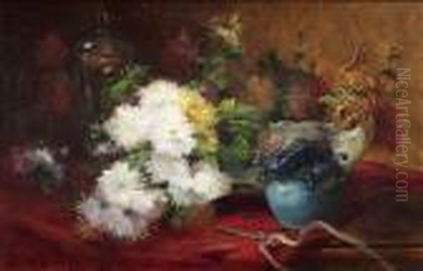 Still Life With Chrysanthemums, Glass Goblet And Shell Shaped Bowl. Oil/canvas, Signed Oil Painting by Eugene Henri Cauchois