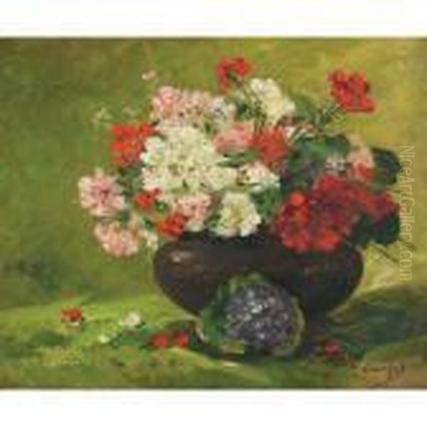 Geraniums In A Stoneware Vase Oil Painting by Eugene Henri Cauchois