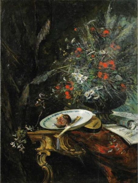 Nature Morte A La Grenade, A 
L'eventail Et A La Partition Carmen [ ; Still Life With A Pomegranate, A
 Fan And A Carmen Score ; Oil On Canvas, Signed; Also Trace Of Signature
 ... H.c... Lower Right] Oil Painting by Eugene Henri Cauchois