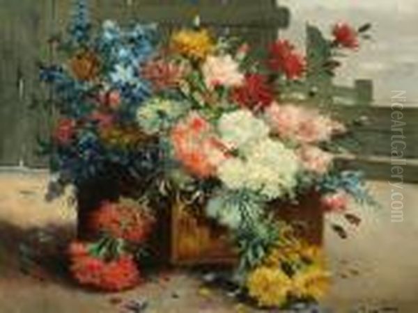 Jardiniere De Fleurs Surune Terrasse Oil Painting by Eugene Henri Cauchois