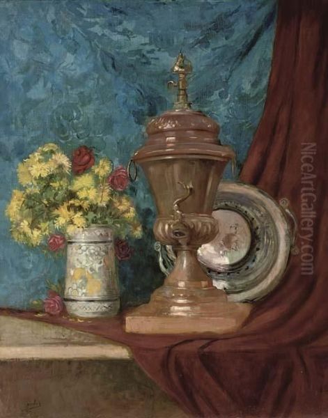 A Vase Of Chrysanthemums And Roses Alongside An Urn And A Bowl On A Draped Table. Oil Painting by Eugene Henri Cauchois