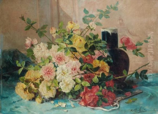 Jetee De Roses Pres D'un Vase En Porcelaine. Oil Painting by Eugene Henri Cauchois