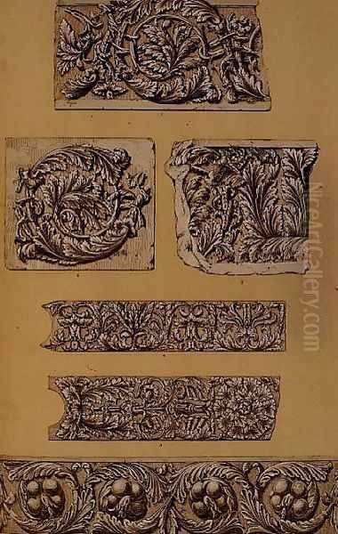 Fragments of the frieze and the soffits of the architraves of the Roman Temple at Brescia Oil Painting by Owen Jones