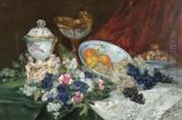 Still Life With Bowl Of Fruit, Flowers And Porcelain Figures. Oil Painting by Eugene Henri Cauchois