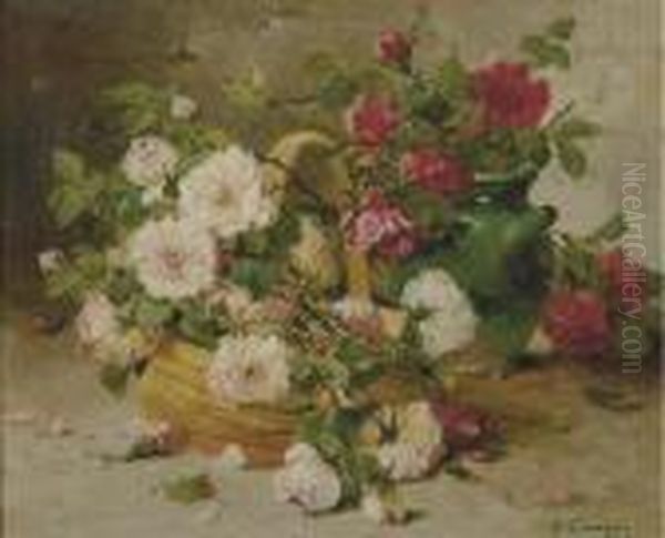 Still Life Of Peonies And Various Flowers In A Basket Oil Painting by Eugene Henri Cauchois