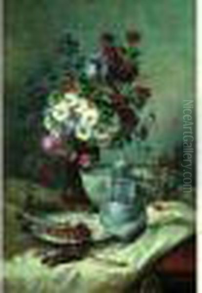 Nature Morte Au Vase De Fleurs, Porcelaine Et Piece D'etain Sur Un Entablement Oil Painting by Eugene Henri Cauchois