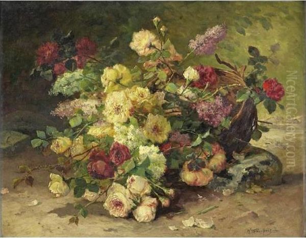 Panier De Roses Et De Lilas Oil Painting by Eugene Henri Cauchois