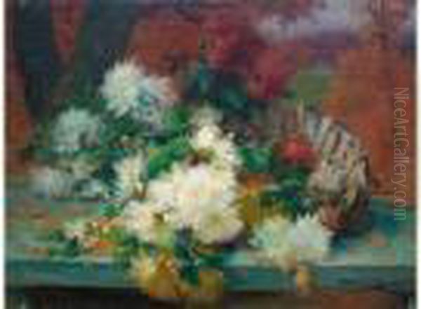  Bouquet De Fleurs Dans Une Paniere Sur Un Entablement  Oil Painting by Eugene Henri Cauchois