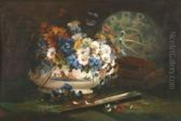 Porcelain Bowl Of Flowers With Fan Oil Painting by Eugene Henri Cauchois