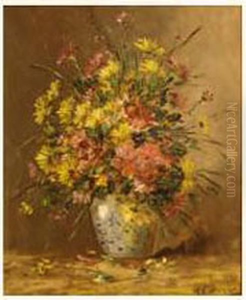 Vase De Fleurs Jaunes Et Roses Oil Painting by Eugene Henri Cauchois