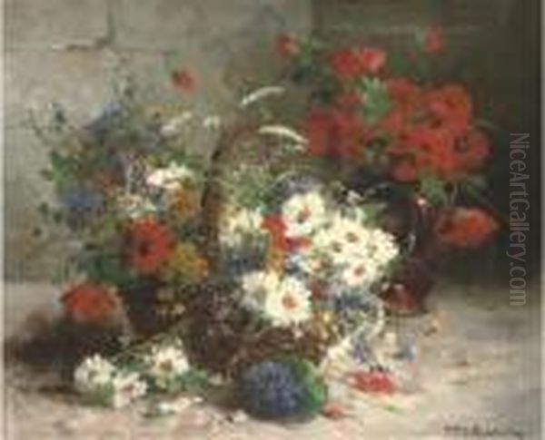 Daisies, Poppies And Other Summer Flowers In A Basket By A Jug Ofpoppies Oil Painting by Eugene Henri Cauchois