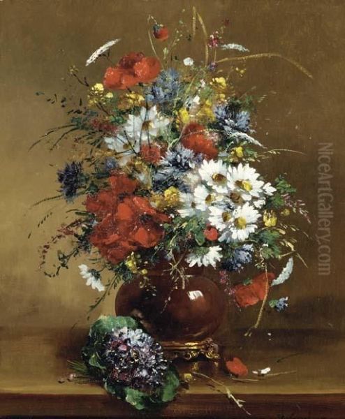 Wild Flowers In A Vse And Pansies On A Ledge Oil Painting by Eugene Henri Cauchois