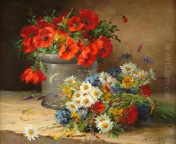 Poppies,cornflowers And Daisies Oil Painting by Eugene Henri Cauchois