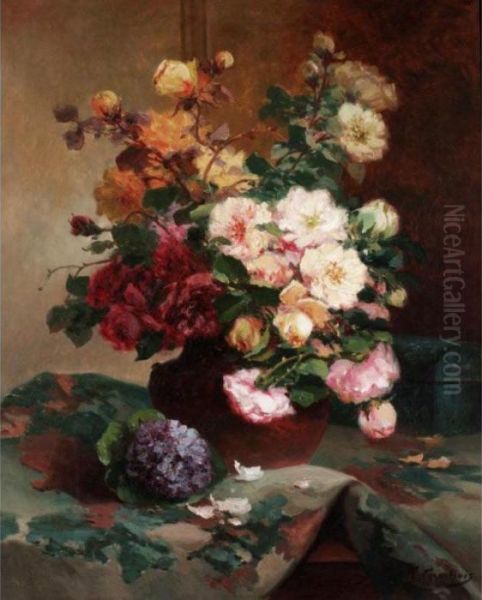 Vase De Roses Et Bouquet De Violettes Oil Painting by Eugene Henri Cauchois