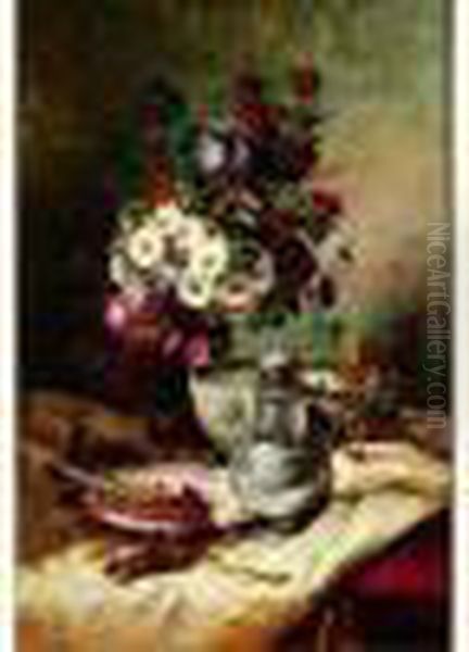 Bouquet Champetre A L'assiette De Raisins Et Noisettes Oil Painting by Eugene Henri Cauchois