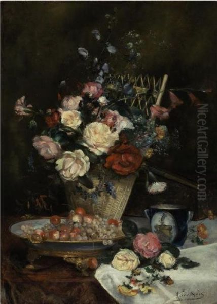 Still Life With Roses, Cherries And Grapes Oil Painting by Eugene Henri Cauchois