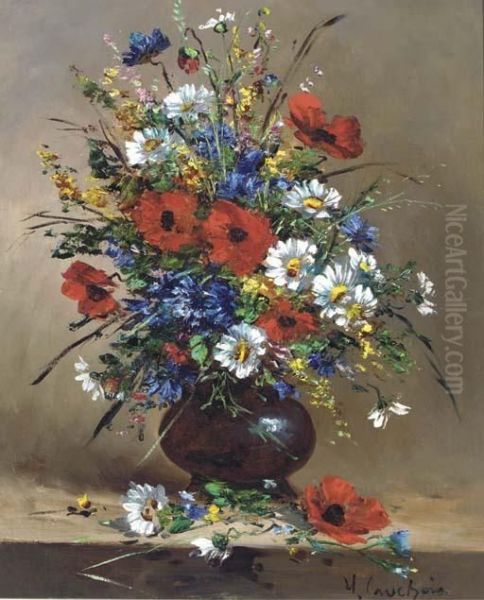 Poppies And Daisies And Other Flowers In A Bowl Oil Painting by Eugene Henri Cauchois