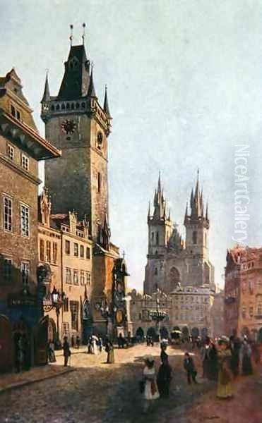 View of Staromestsky Rynk with the Town Hall and the Church of Our Lady before Tyn Oil Painting by Vaclav Jansa