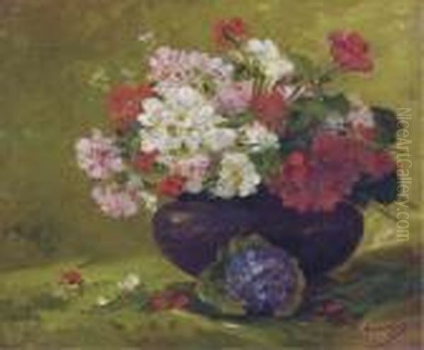 Vase With Red, Pink And White Geraniums Oil Painting by Eugene Henri Cauchois