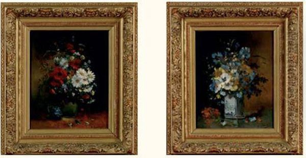 Paire De Natures Mortes Au Vase De Fleurs Oil Painting by Eugene Henri Cauchois