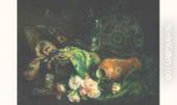 Composition Aux Roses, Plumes De Paons, Collier De Perles Et Etoffes Sur Un Entablement Oil Painting by Eugene Henri Cauchois