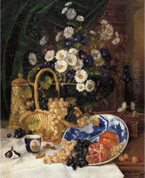 Floral Still Life With Grapes And Pomegrantes Oil Painting by Eugene Henri Cauchois