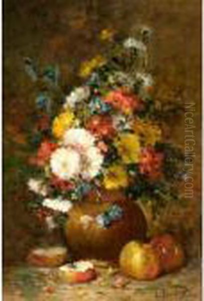 Still Life Of Flowers And Apples Oil Painting by Eugene Henri Cauchois