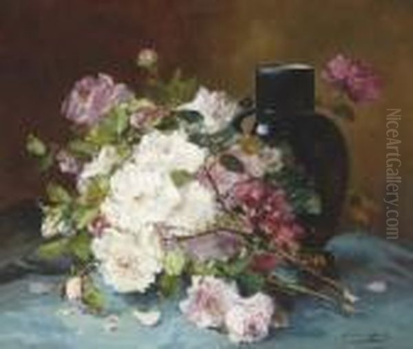 Bouquet Of Roses And A Vase On A Draped Table Oil Painting by Eugene Henri Cauchois