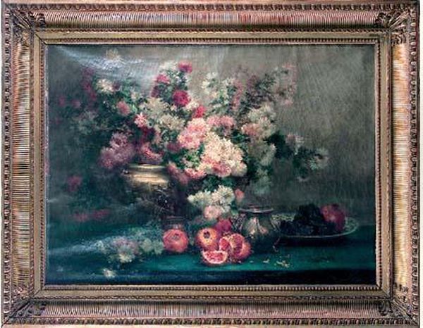 Nature Morte Aux Fleurs Et Aux Grenades Oil Painting by Eugene Henri Cauchois