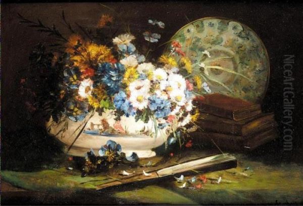 Still Life Of Daisies And Pansies In A Vase Oil Painting by Eugene Henri Cauchois